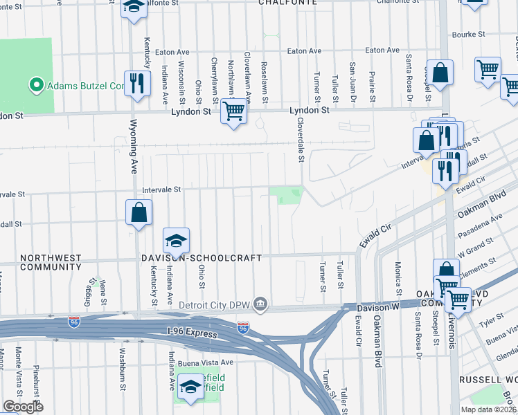 map of restaurants, bars, coffee shops, grocery stores, and more near 8203 Intervale Street in Detroit