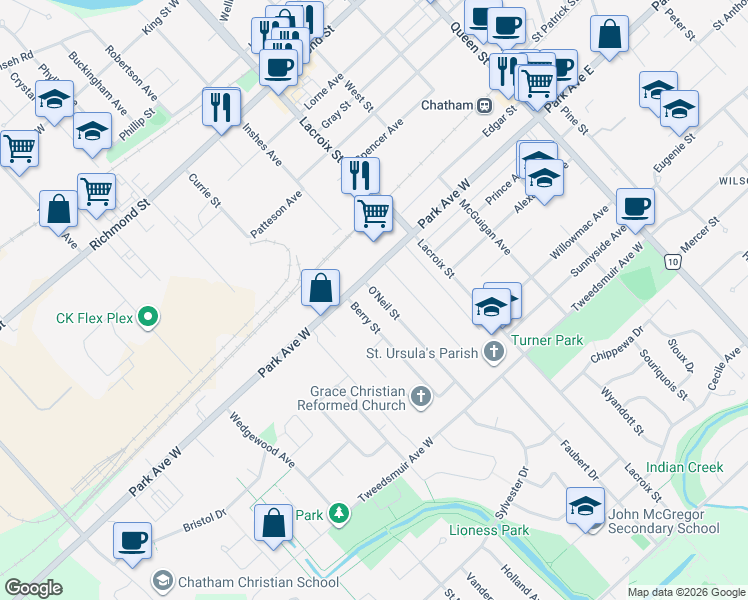 map of restaurants, bars, coffee shops, grocery stores, and more near 16 O'Neil Street in Chatham-Kent