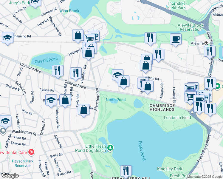 map of restaurants, bars, coffee shops, grocery stores, and more near 799 Concord Avenue in Cambridge