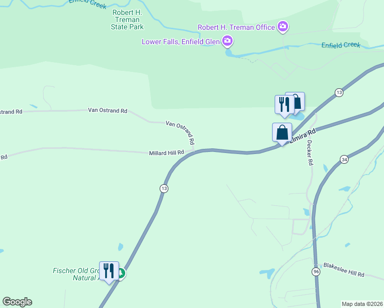 map of restaurants, bars, coffee shops, grocery stores, and more near 1187 Elmira Road in Tompkins County
