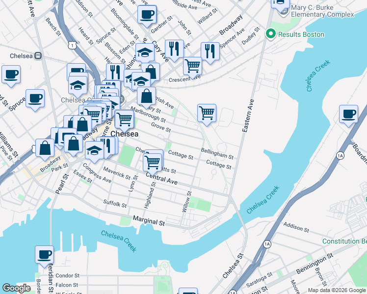 map of restaurants, bars, coffee shops, grocery stores, and more near 125 Grove Street in Chelsea