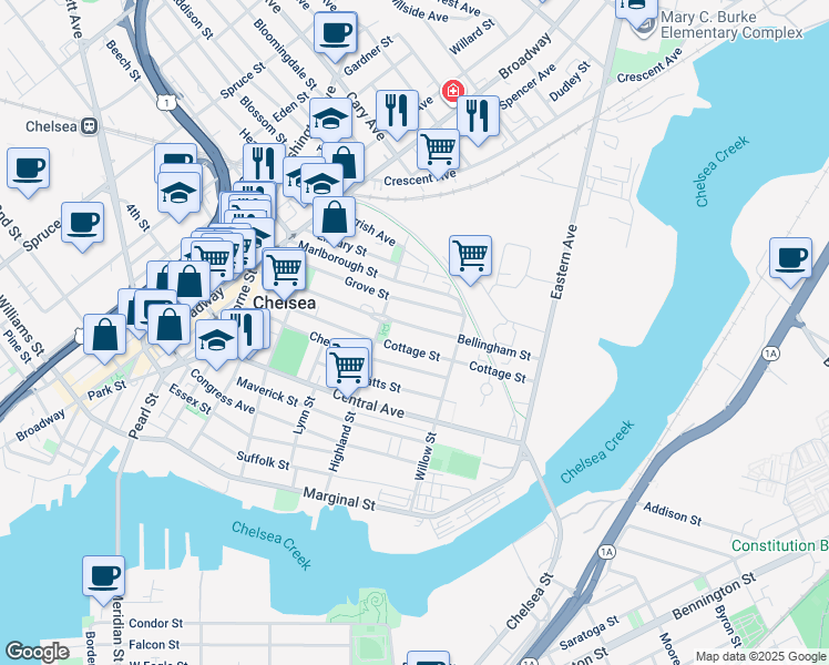 map of restaurants, bars, coffee shops, grocery stores, and more near 125 Grove Street in Chelsea