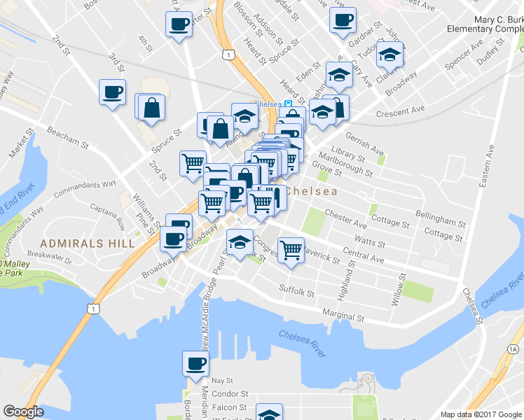 map of restaurants, bars, coffee shops, grocery stores, and more near 15 4th Street in Chelsea