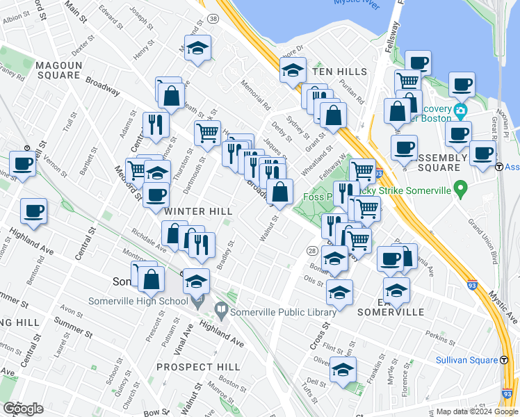 map of restaurants, bars, coffee shops, grocery stores, and more near 300 Broadway in Somerville