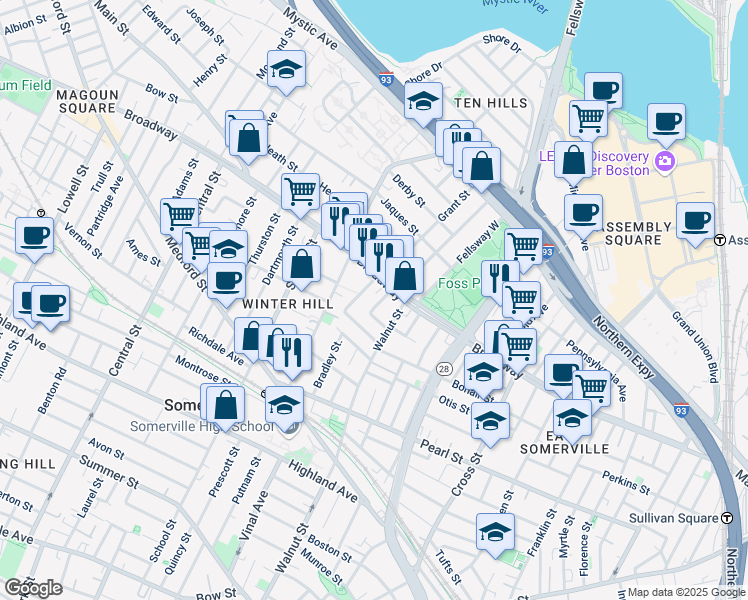 map of restaurants, bars, coffee shops, grocery stores, and more near 300 Broadway in Somerville