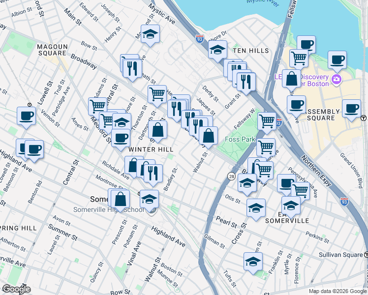map of restaurants, bars, coffee shops, grocery stores, and more near 5 Sargent Avenue in Somerville