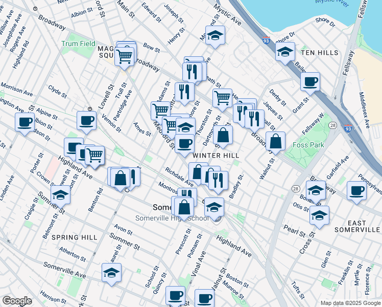 map of restaurants, bars, coffee shops, grocery stores, and more near 50 Thurston Street in Somerville