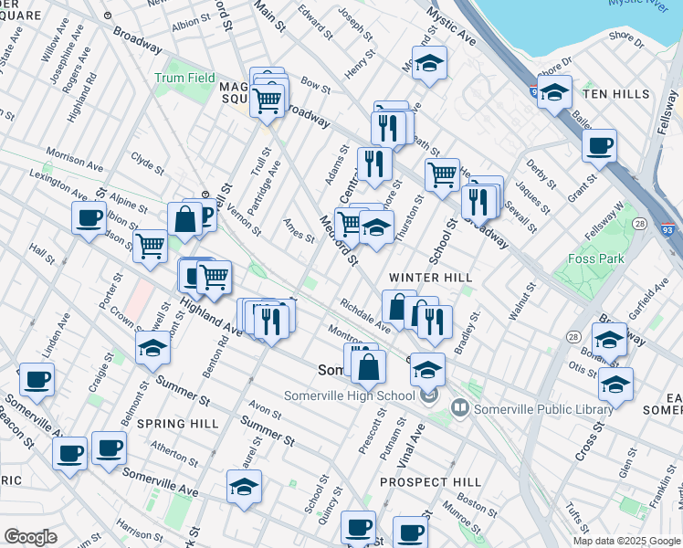 map of restaurants, bars, coffee shops, grocery stores, and more near 418 Medford Street in Somerville