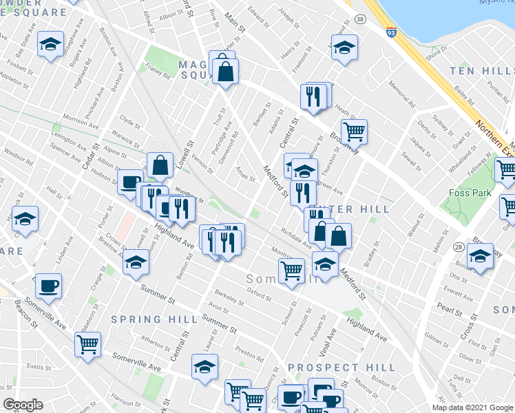 map of restaurants, bars, coffee shops, grocery stores, and more near 122 Central Street in Somerville