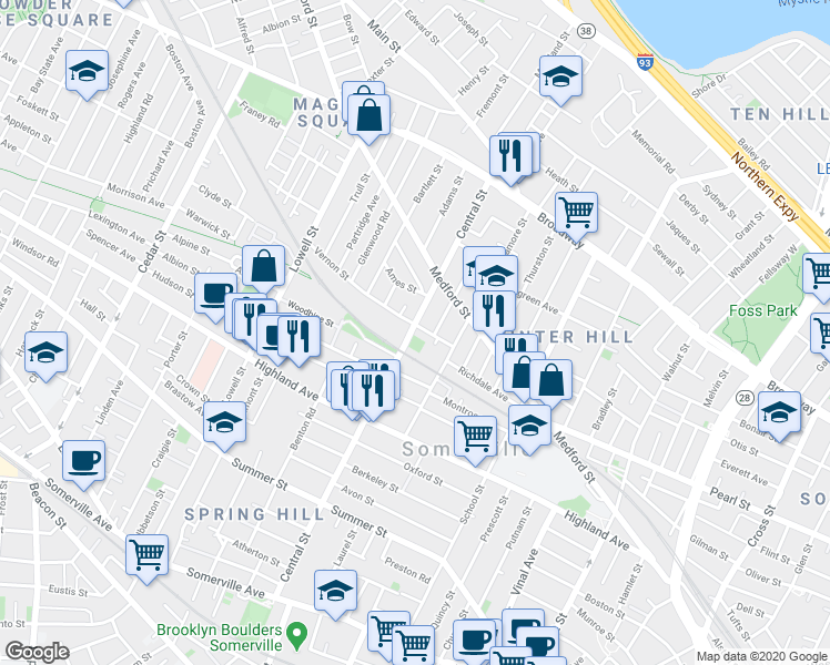 map of restaurants, bars, coffee shops, grocery stores, and more near 122 Central Street in Somerville