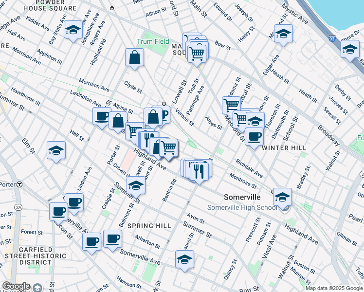 map of restaurants, bars, coffee shops, grocery stores, and more near 7 Woodbine Street in Somerville