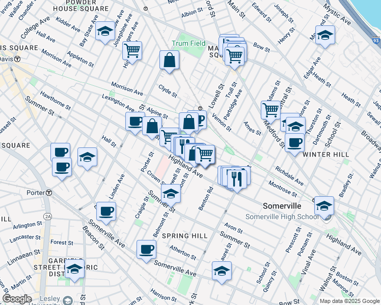 map of restaurants, bars, coffee shops, grocery stores, and more near 98 Albion Street in Somerville