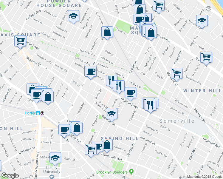map of restaurants, bars, coffee shops, grocery stores, and more near 121 Hudson Street in Somerville