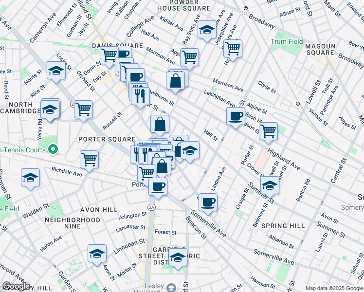 map of restaurants, bars, coffee shops, grocery stores, and more near 41 Burnside Avenue in Somerville