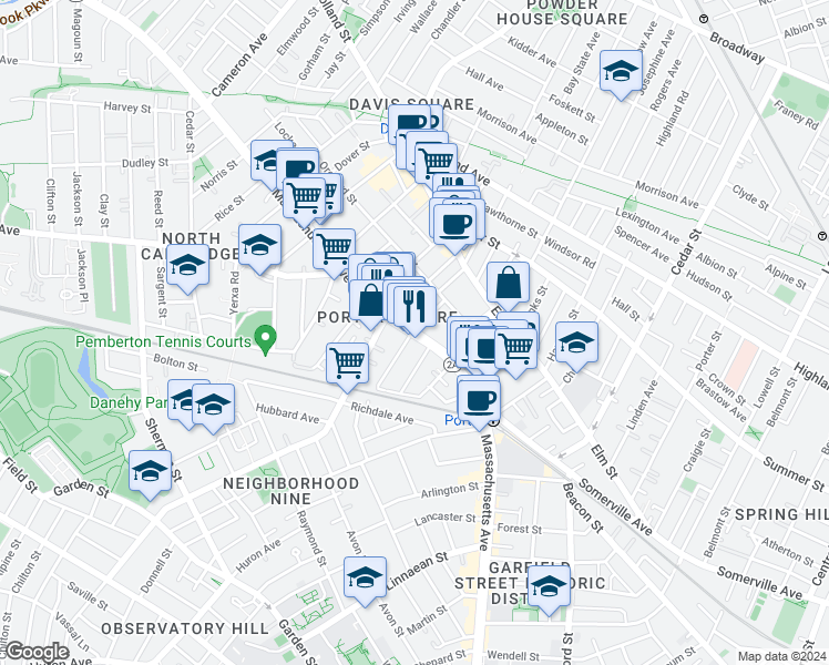 map of restaurants, bars, coffee shops, grocery stores, and more near 2055 Massachusetts Avenue in Cambridge