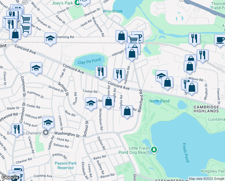 map of restaurants, bars, coffee shops, grocery stores, and more near 90 Concord Avenue in Belmont