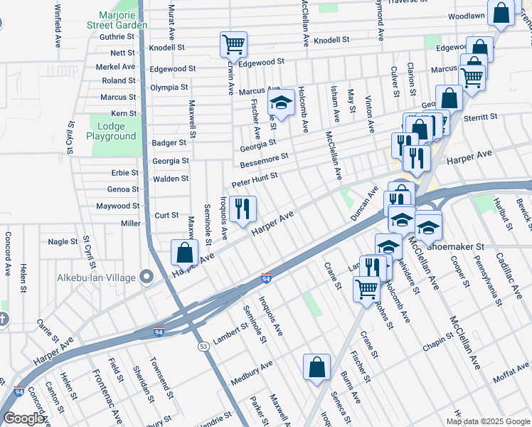 map of restaurants, bars, coffee shops, grocery stores, and more near 6676 Burns Avenue in Detroit