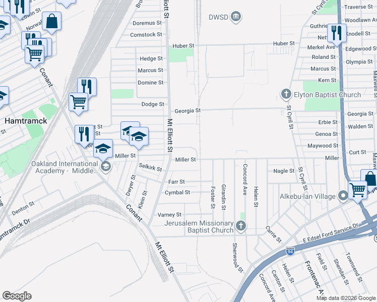 map of restaurants, bars, coffee shops, grocery stores, and more near 25 Heintz Street in Detroit