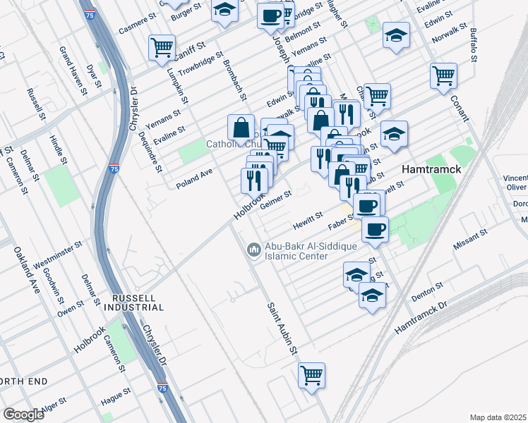 map of restaurants, bars, coffee shops, grocery stores, and more near 2284 Geimer Street in Hamtramck