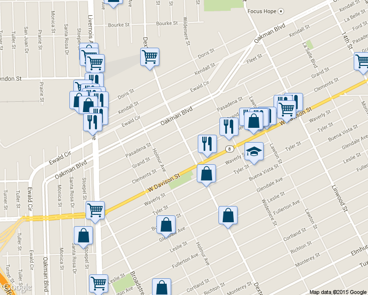 map of restaurants, bars, coffee shops, grocery stores, and more near 13700 Dexter Avenue in Detroit