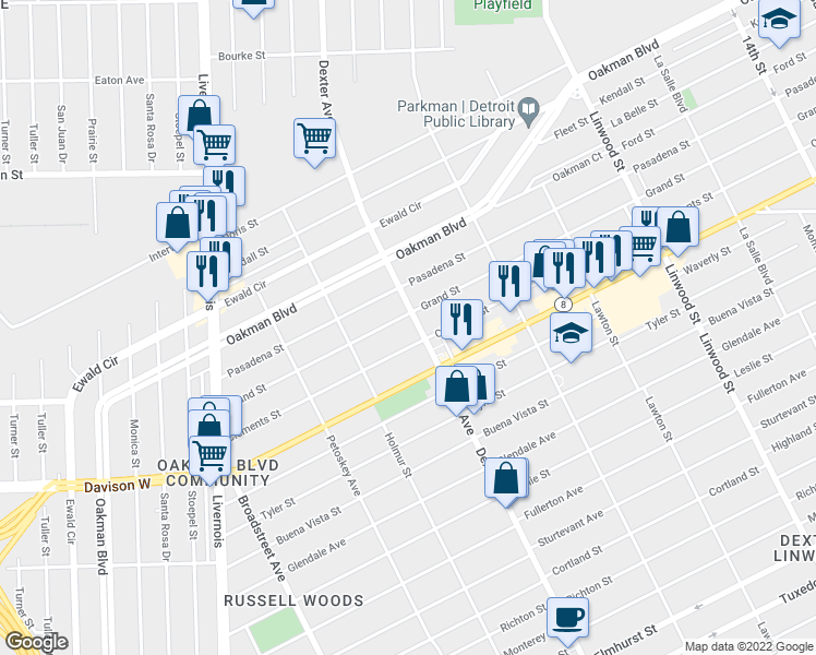 map of restaurants, bars, coffee shops, grocery stores, and more near 13700 Dexter Avenue in Detroit