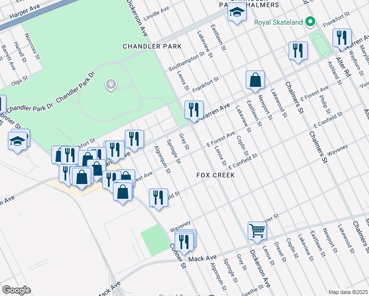 map of restaurants, bars, coffee shops, grocery stores, and more near 4883 Gray Street in Detroit