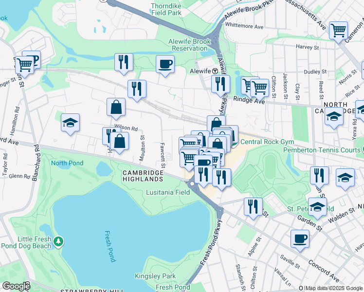 map of restaurants, bars, coffee shops, grocery stores, and more near 86 Fawcett Street in Cambridge