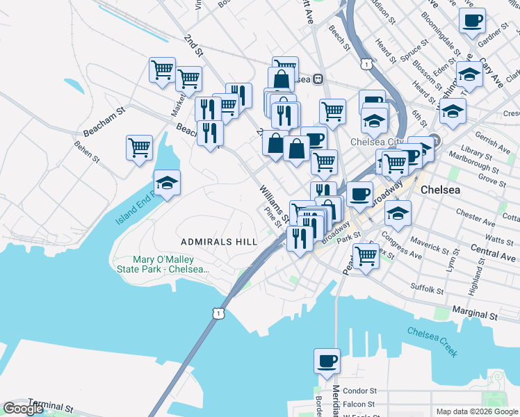 map of restaurants, bars, coffee shops, grocery stores, and more near 133 Beacon Street in Chelsea