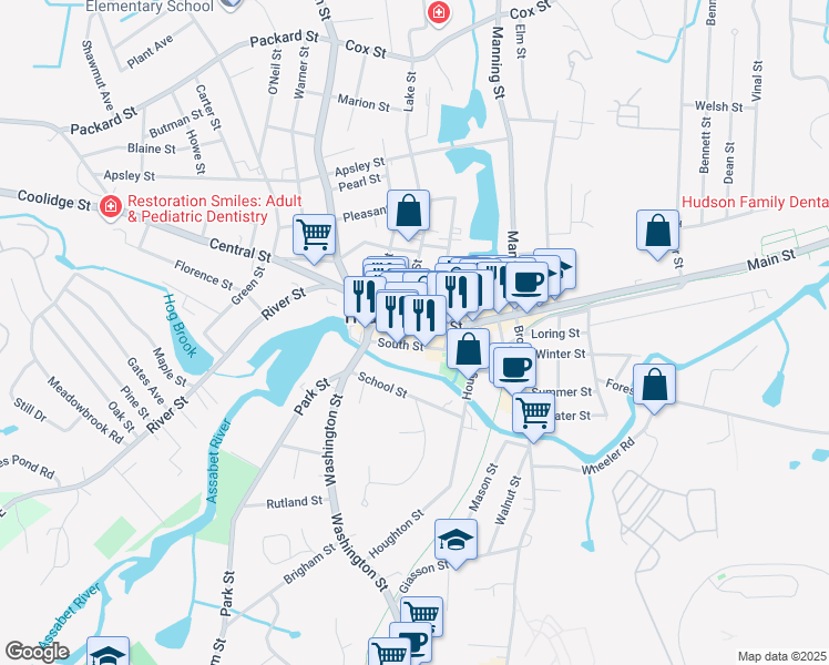 map of restaurants, bars, coffee shops, grocery stores, and more near 7 Market Street in Hudson