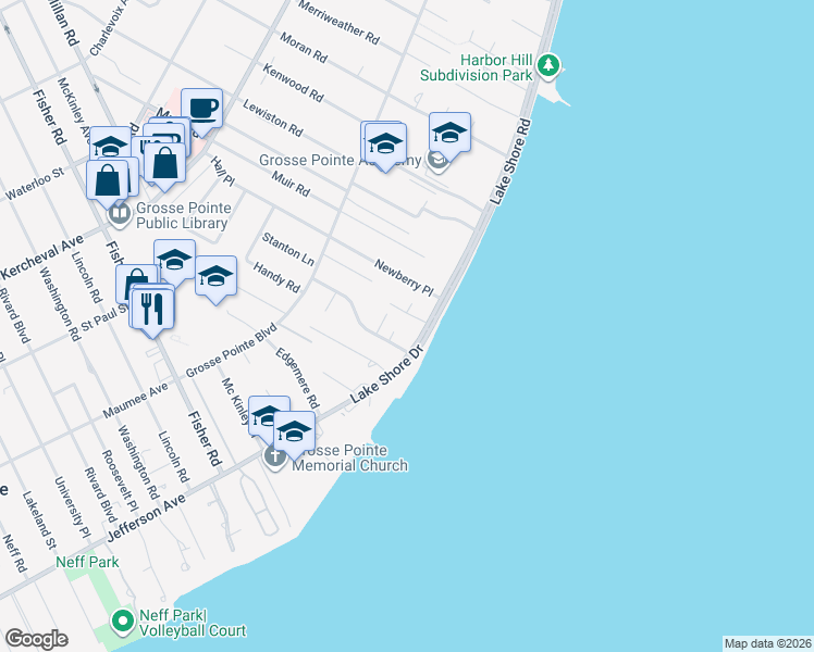 map of restaurants, bars, coffee shops, grocery stores, and more near 4 Cherryhurst Lane in Grosse Pointe Farms