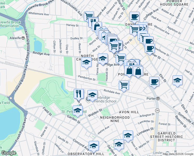 map of restaurants, bars, coffee shops, grocery stores, and more near 77 Rindge Avenue in Cambridge