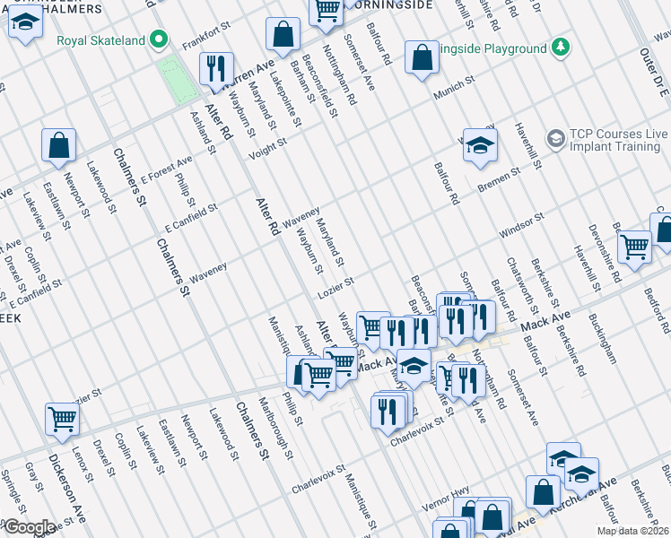 map of restaurants, bars, coffee shops, grocery stores, and more near 4191 Maryland Street in Detroit