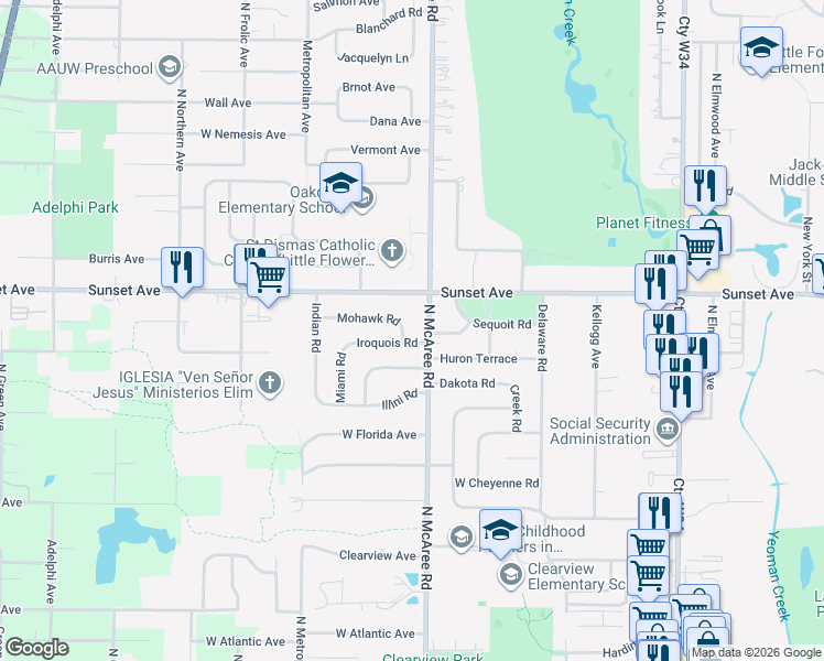 map of restaurants, bars, coffee shops, grocery stores, and more near 2128 North McAree Road in Waukegan