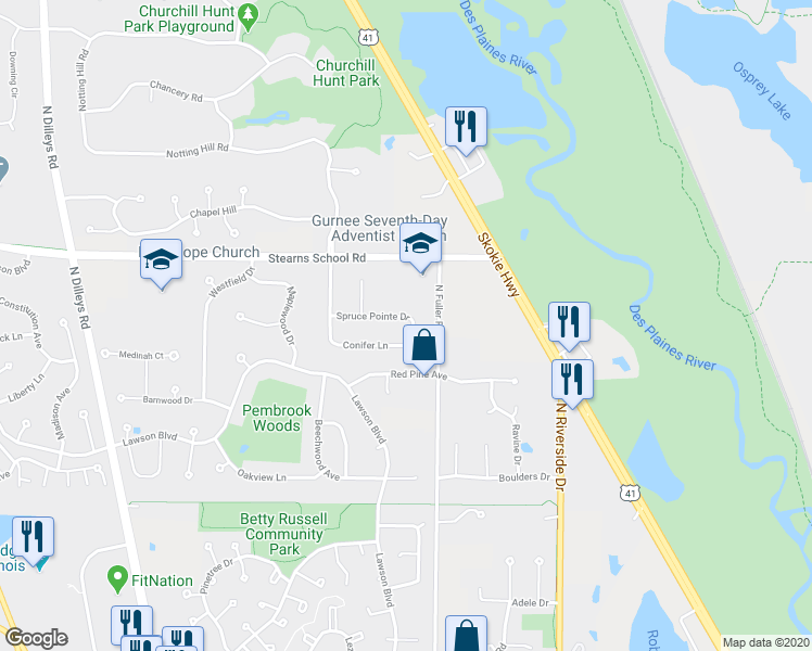 map of restaurants, bars, coffee shops, grocery stores, and more near 5141 Spruce Pointe Drive in Gurnee