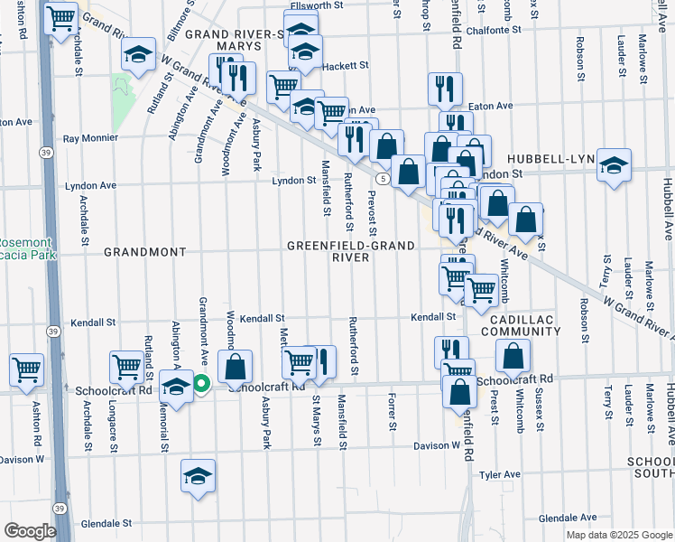map of restaurants, bars, coffee shops, grocery stores, and more near 14216 Mansfield Street in Detroit