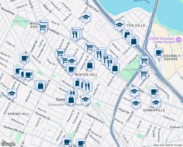 map of restaurants, bars, coffee shops, grocery stores, and more near 266 Broadway in Somerville