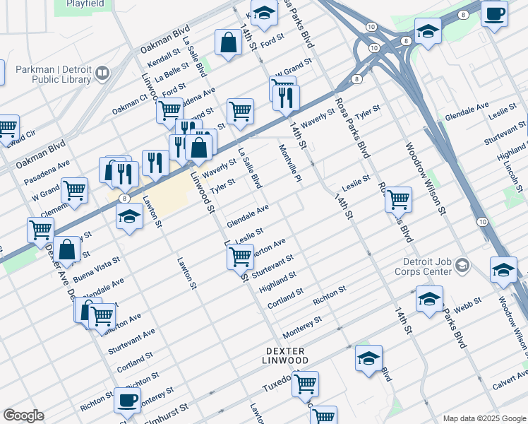 map of restaurants, bars, coffee shops, grocery stores, and more near 2395 Glendale Avenue in Detroit