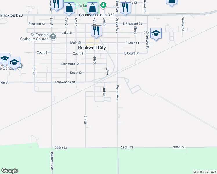 map of restaurants, bars, coffee shops, grocery stores, and more near 272 Tonawanda Avenue in Rockwell City