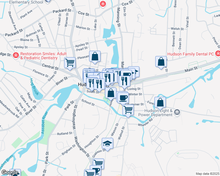map of restaurants, bars, coffee shops, grocery stores, and more near 123 Main Street in Hudson
