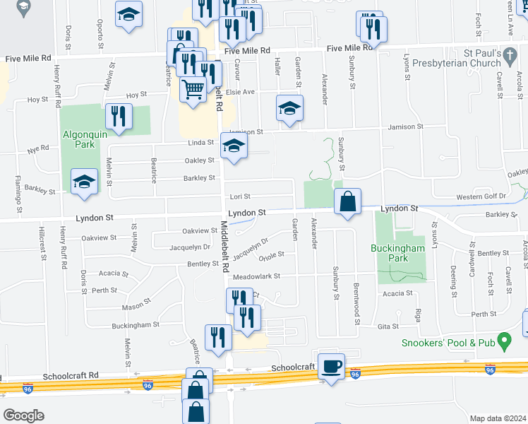 map of restaurants, bars, coffee shops, grocery stores, and more near 29108 Lyndon in Livonia