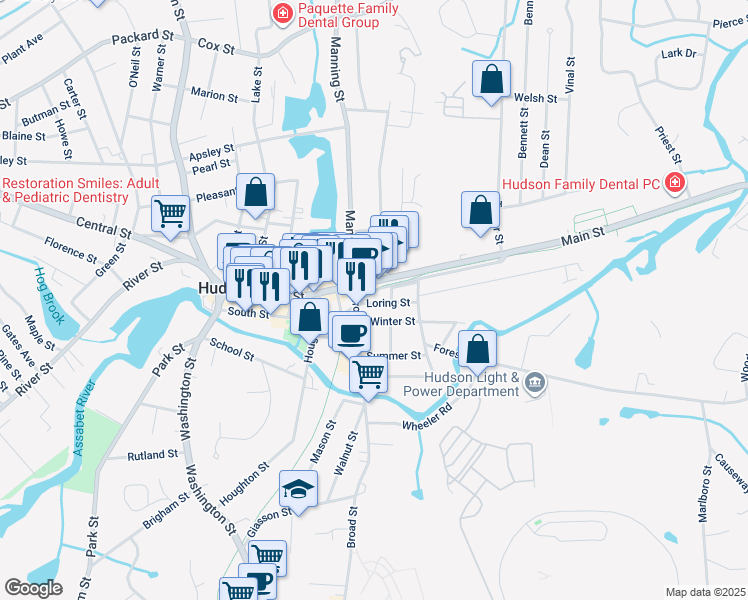 map of restaurants, bars, coffee shops, grocery stores, and more near 199 Main Street in Hudson