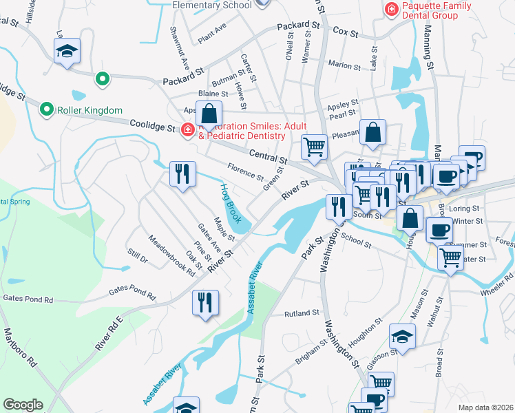 map of restaurants, bars, coffee shops, grocery stores, and more near 38 Green Street in Hudson
