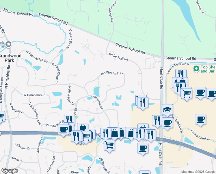map of restaurants, bars, coffee shops, grocery stores, and more near 36366 Old Woods Trail in Gurnee
