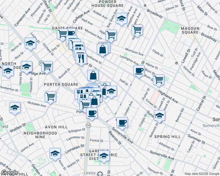 map of restaurants, bars, coffee shops, grocery stores, and more near 41 Burnside Avenue in Somerville
