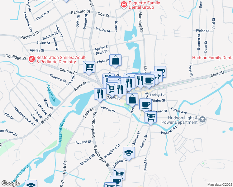 map of restaurants, bars, coffee shops, grocery stores, and more near 79 Pope Street in Hudson