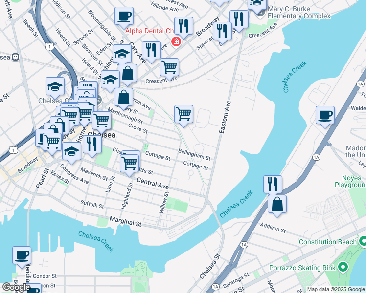 map of restaurants, bars, coffee shops, grocery stores, and more near 7 Griffin Way in Chelsea