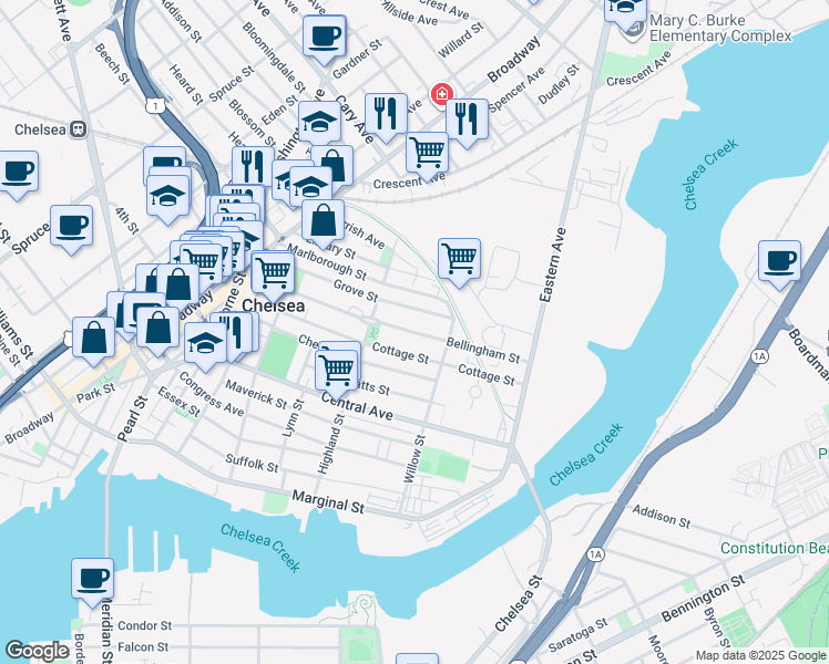 map of restaurants, bars, coffee shops, grocery stores, and more near 125 Grove Street in Chelsea