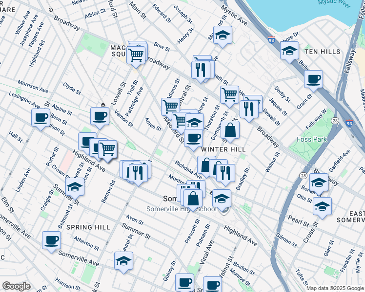 map of restaurants, bars, coffee shops, grocery stores, and more near 418 Medford Street in Somerville