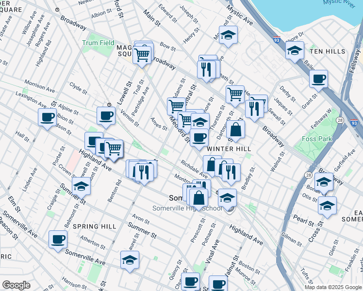 map of restaurants, bars, coffee shops, grocery stores, and more near 418 Medford Street in Somerville