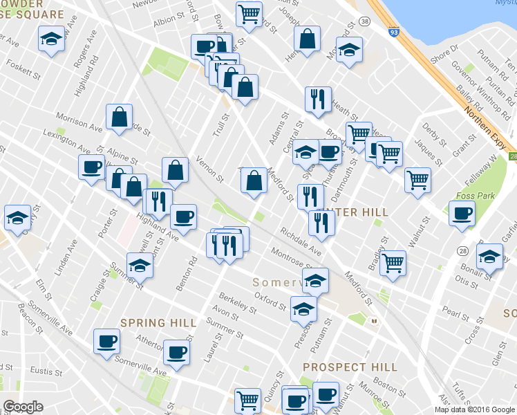 map of restaurants, bars, coffee shops, grocery stores, and more near 122 Central Street in Somerville